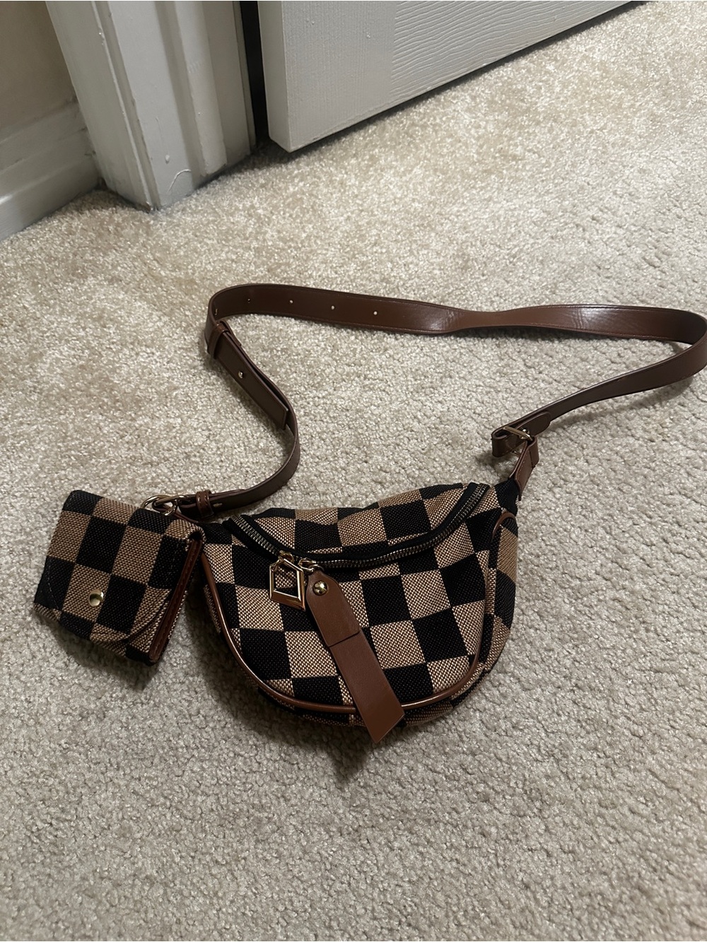 Brown and Tan Checkered Crossbody with Coin Pouch